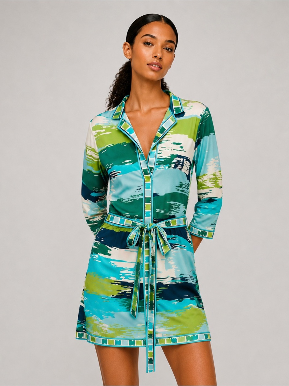 BCBG Max Azria Silk Blend Abstract Print Wrap Tunic Dress S Resort Coastal Chic